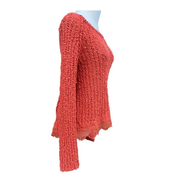 Anthropologie Knitted & Knotted Coral Open Knit Lace Hem Sweater Size Large - Picture 5 of 12